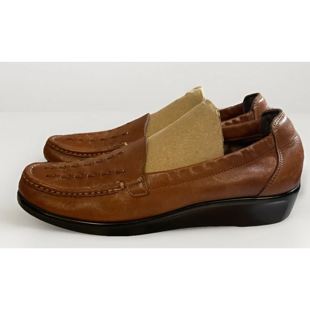 SAS Tripad Brown Woven Leather Slip On Loafers Wedge Heel Women's Size 8.5